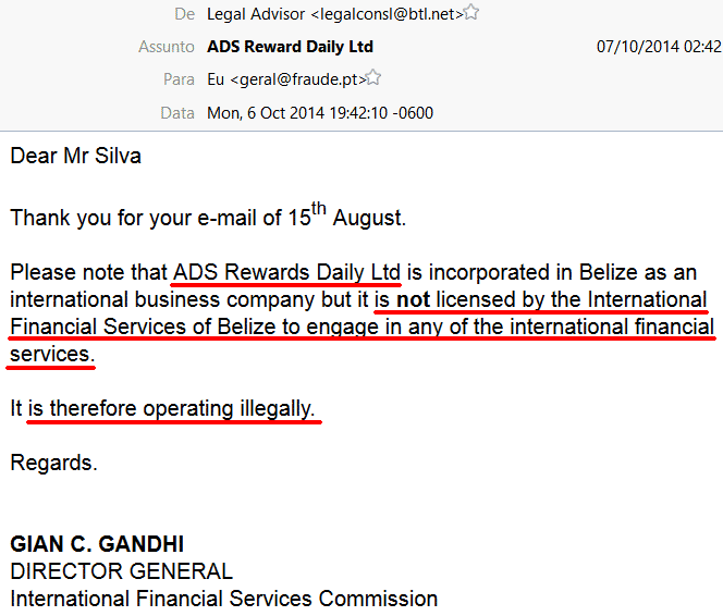 Email da International Financial Services Comission de Belize a informar que a ADS Rewards Daily Ltd está ilegal