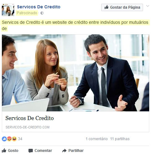 Exemplo dos anúncios da Burla online dos Empréstimos falsos no Facebook