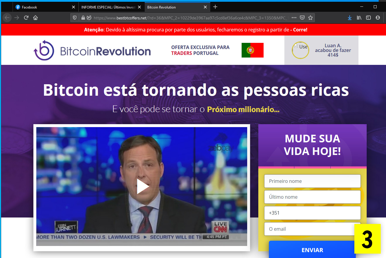 Página BitcoinRevolution, da fraude de fake news bitcoin. São conhecidos vários nomes do esquema.
