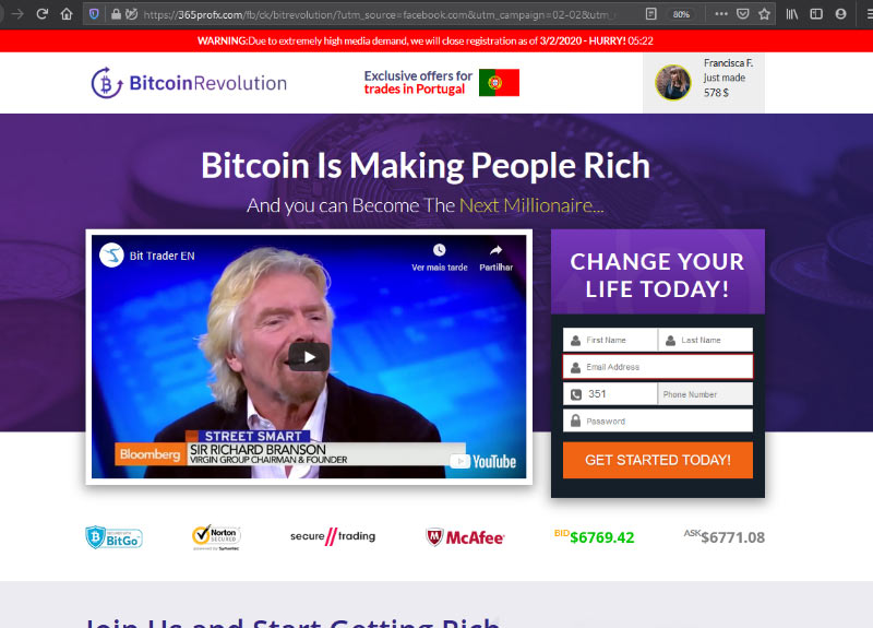 Anúncio Fake News Bitcoin com Sylvester Stallone