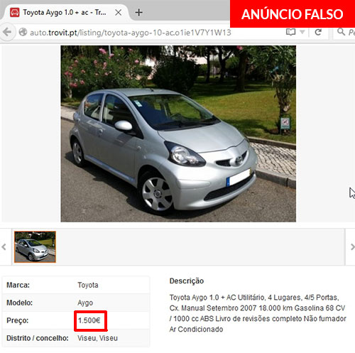 Anúncio falso de venda de Toyota Aygo no site trovit.pt