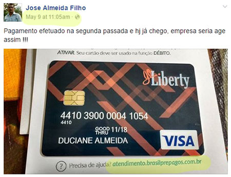 Cartão Pré-Pago usado pela fraude Go-Liberty (fonte: facebook.com)