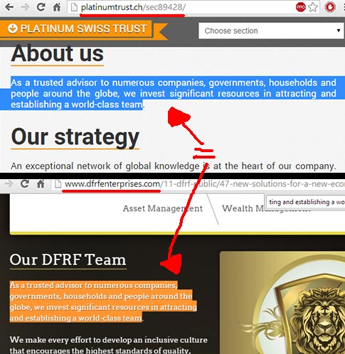Conteúdo do site DFRF é igual do site do Banco fantasma Platinum Swiss Trust