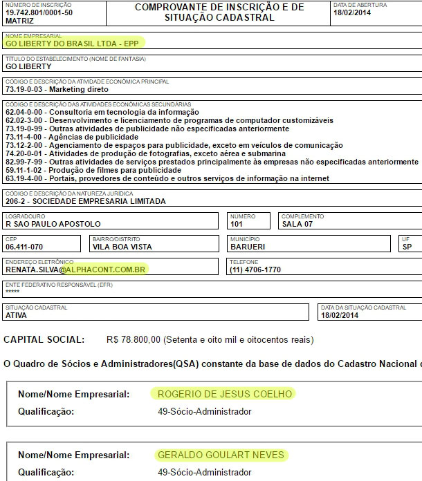 Dados da empresa fantasma GO LIBERTY DO BRASIL (fonte: receita.fazenda.gov.br)