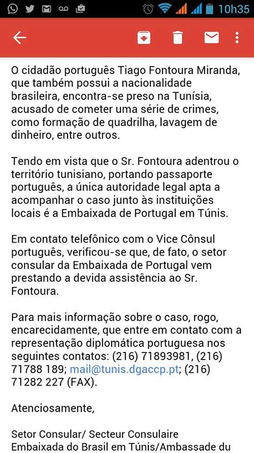 resposta do Setor Consultar da Embaixada do Brasil em Túnis acerca Tiago Fontoura Miranda