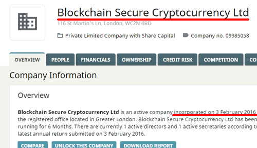 Dados da empresa fantasma Blockchain Secure Cryptocurrency Ltd do golpe pump & dump EDRCoin.