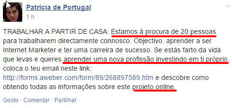Membro "Patrícia de Portugal" apresenta o esquema como "Trabalhar a Partir de Casa". Quer enganar 20 pessoas, para fazerem o mesmo que ela.