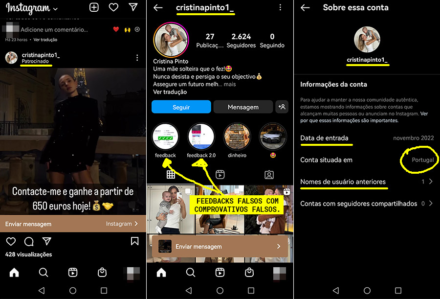Perfil instagram falso de scammer localizado em Portugal
