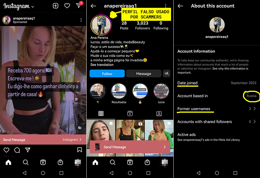 Perfil instagram falso de scammer localizado na Rússia
