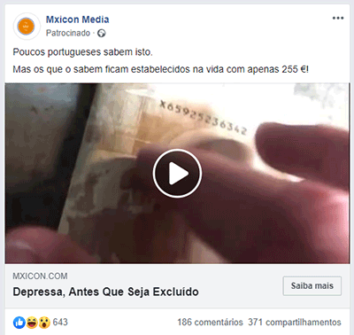 Anúncio do Facebook com fake news do grupo de burlões das fake news + famosos + bitcoin