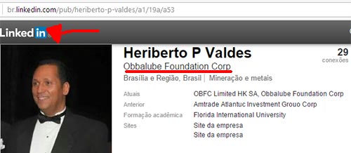 Perfil de Heriberto Valdes no LinkedIn. Não aparece nada a informar que é o Presidente no Banco de fachada na Suíça