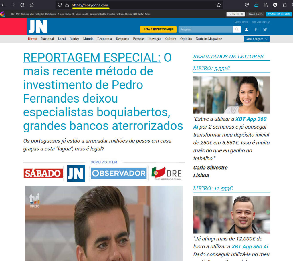 Página fake news bitcoin mozygona.com com Pedro Fernandes