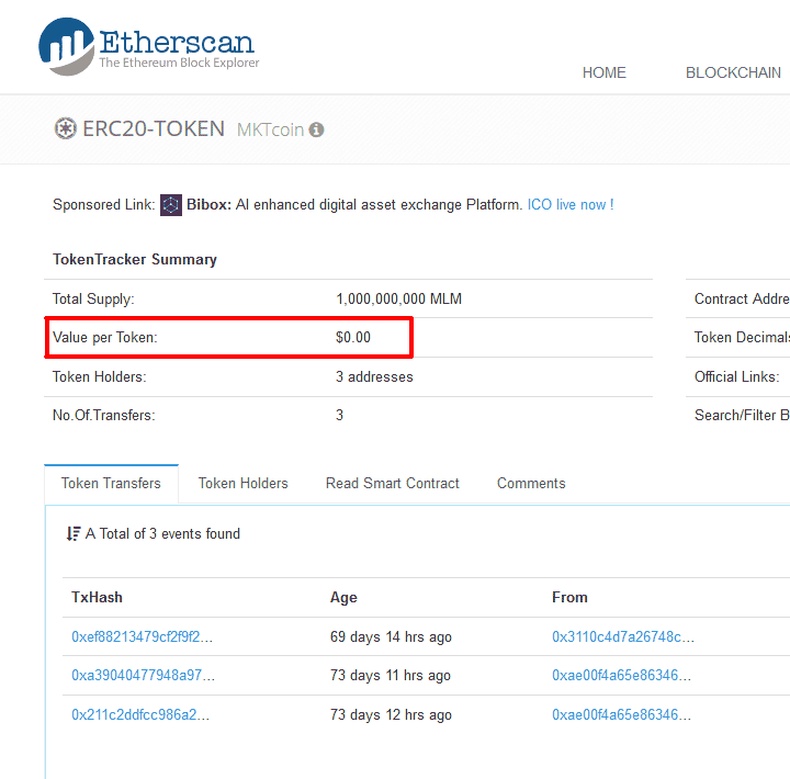 Site Etherscan.io mostra que Mktcoin vale 0 dólares.