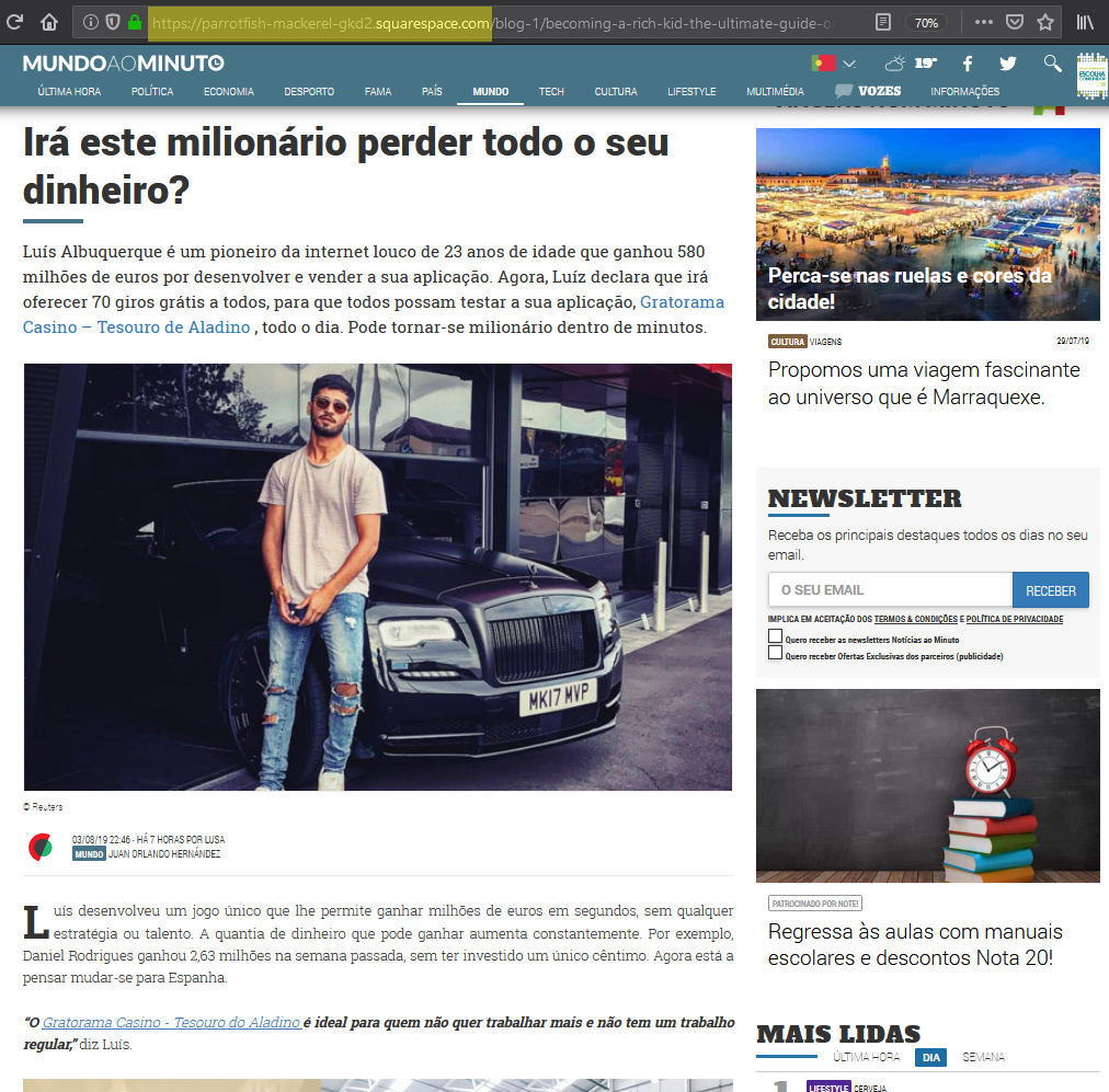 Página com fake news da fraude Gratorama e do falso milionário Luís Albuquerque