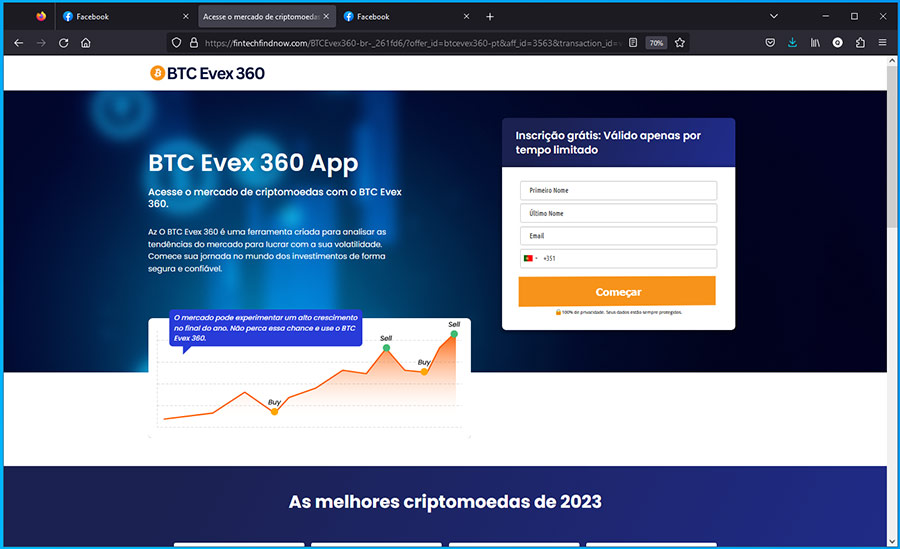 A página fake news Bitcoin Evex 360